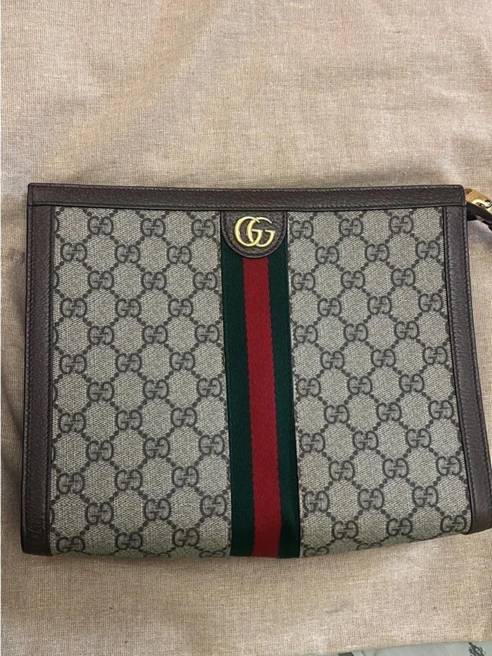 Gucci Beige GG Supreme Canvas Pouch with Green and Red Web Stripe